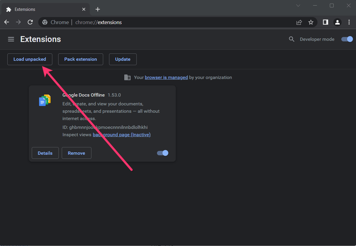 Chrome Extensions Page - Load Unpacked Button
